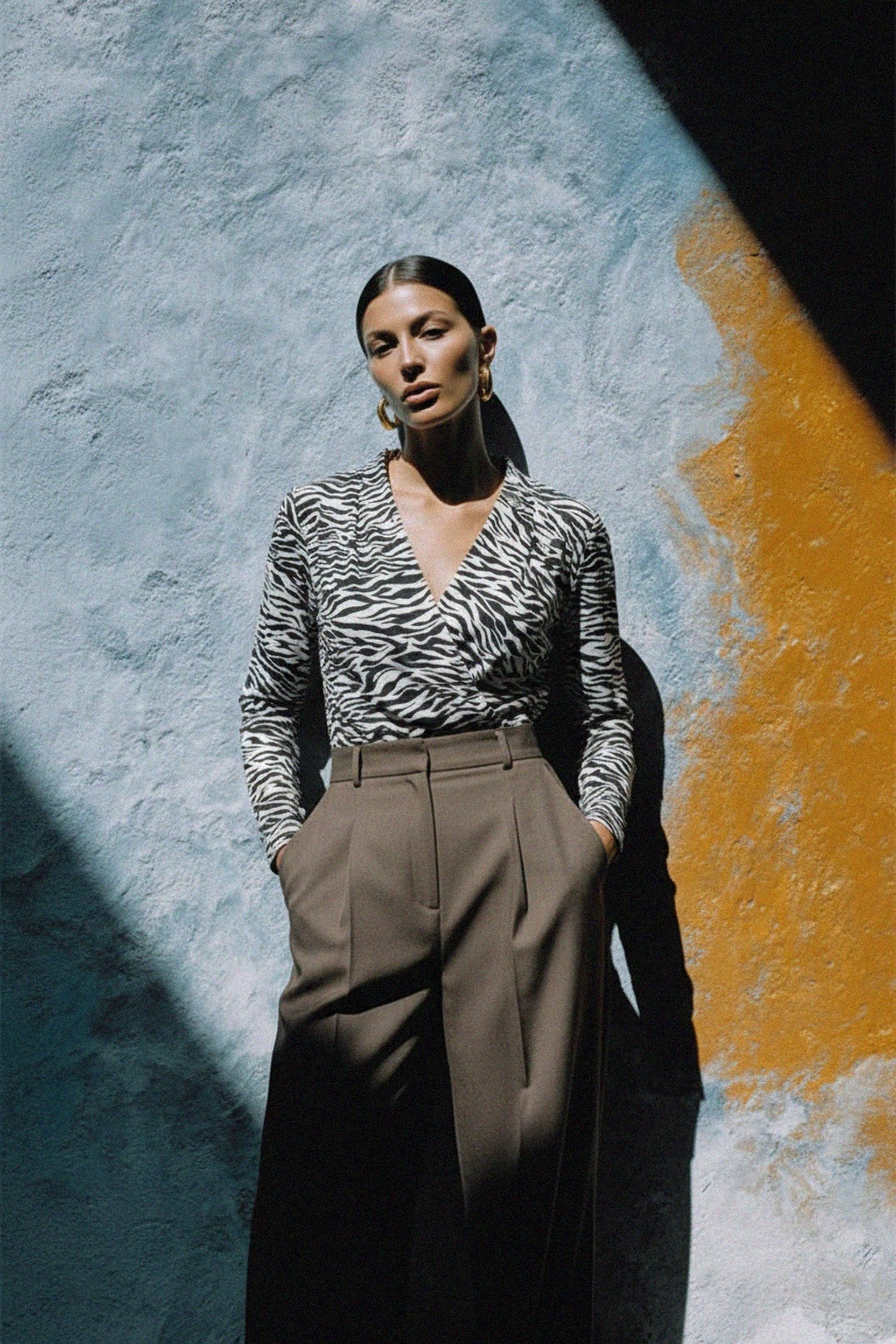 Zebra Print Long Sleeve V-Neck Blouse zdjęcie 2