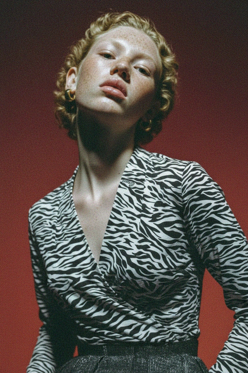 Zebra Print Long Sleeve V-Neck Blouse zdjęcie 3