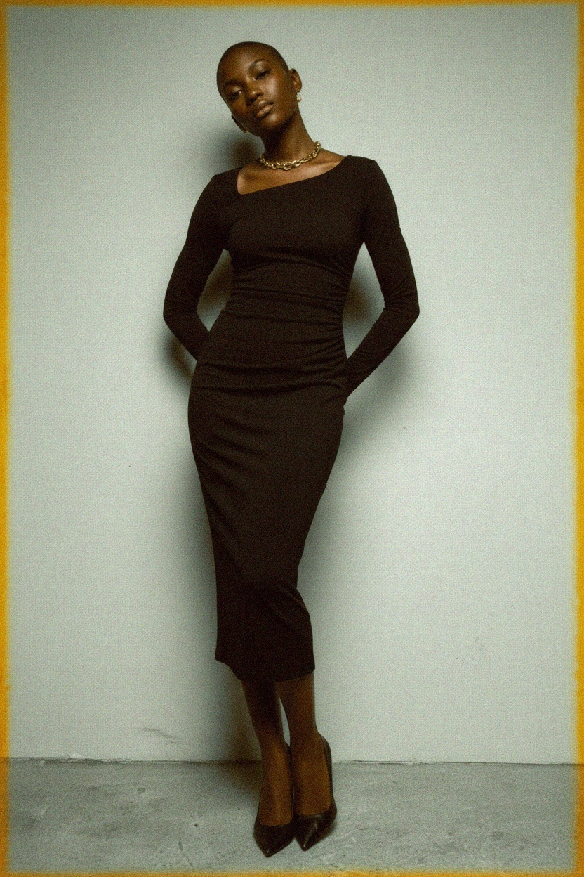 Elegancka czarna sukienka midi z asymetrycznym dekoltem zdjęcie 2