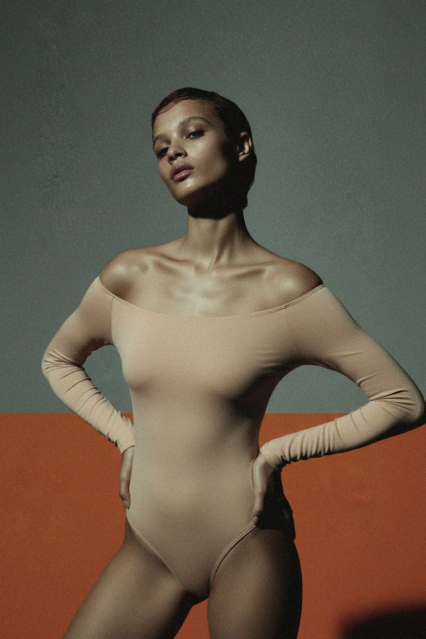 Beżowy body z długim rękawem i odkrytymi ramionami zdjęcie 3