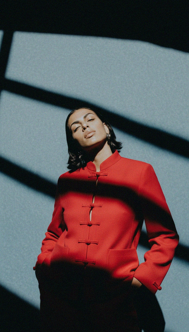 Czerwona kurtka z charakterystycznymi zapięciami w kształcie żaby zdjęcie 2