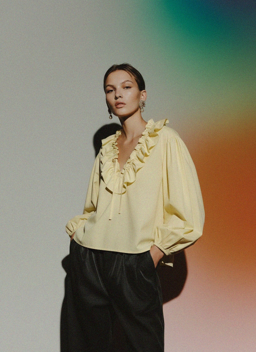 Jasnożółta bluzka z falbaną i dekoltem w serek zdjęcie 3