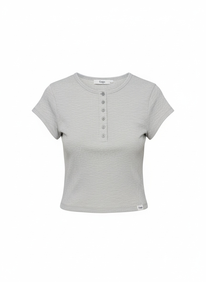 Szary prążkowany top typu henley z krótkim rękawem zdjęcie 1