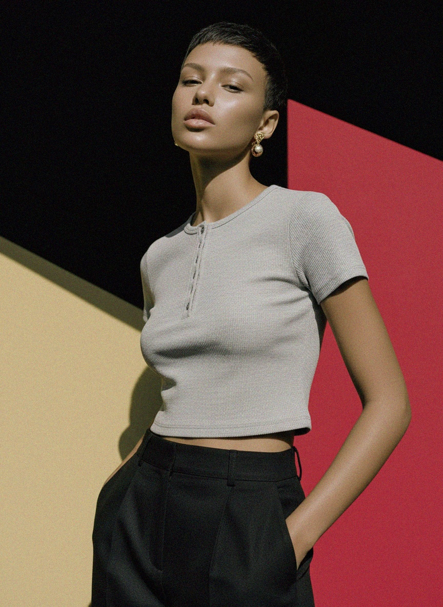 Szary prążkowany top typu henley z krótkim rękawem zdjęcie 2