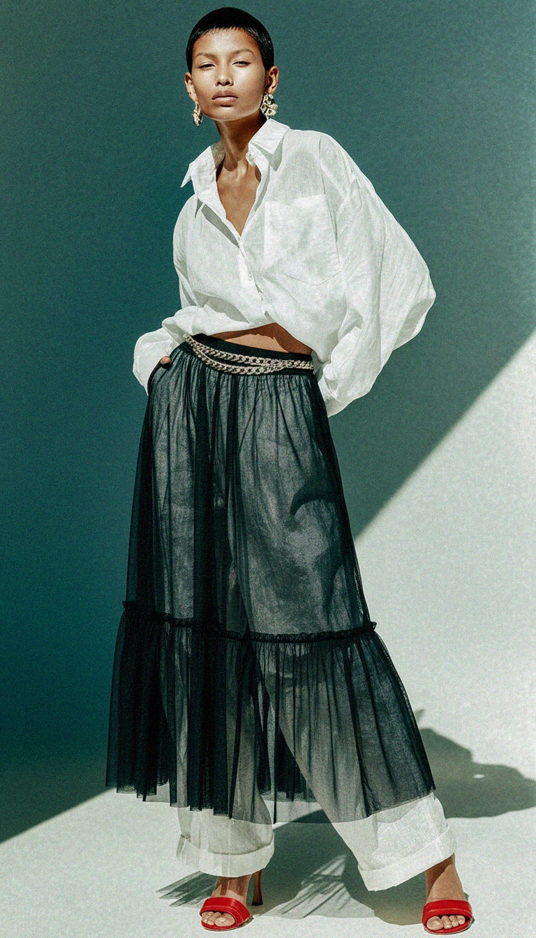 Czarna, prześwitująca spódnica maxi z falbaniastym wykończeniem zdjęcie 3