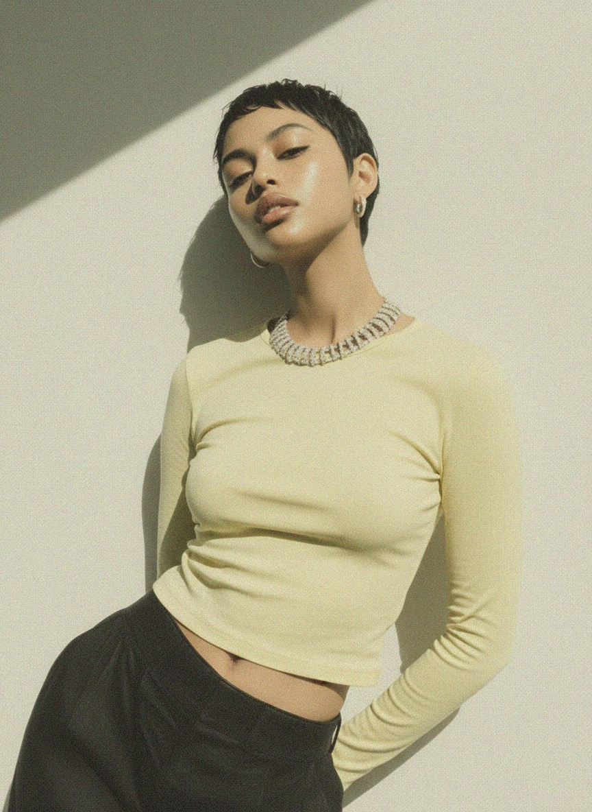 Jasnożółty klasyczny top z długim rękawem i okrągłym dekoltem zdjęcie 3