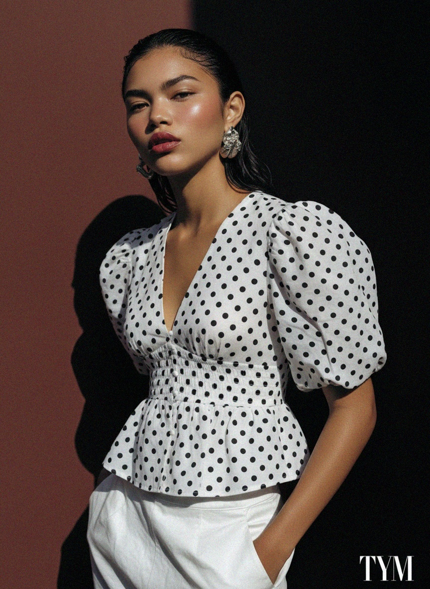 Elegancka bluzka w groszki z dekoltem w serek i baskinką zdjęcie 3