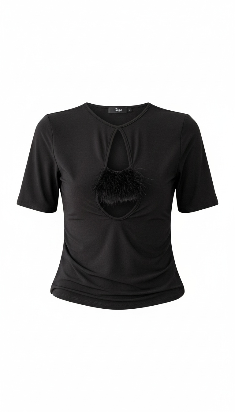 Elegancki czarny top z wycięciami i piórkowym detalem zdjęcie 1