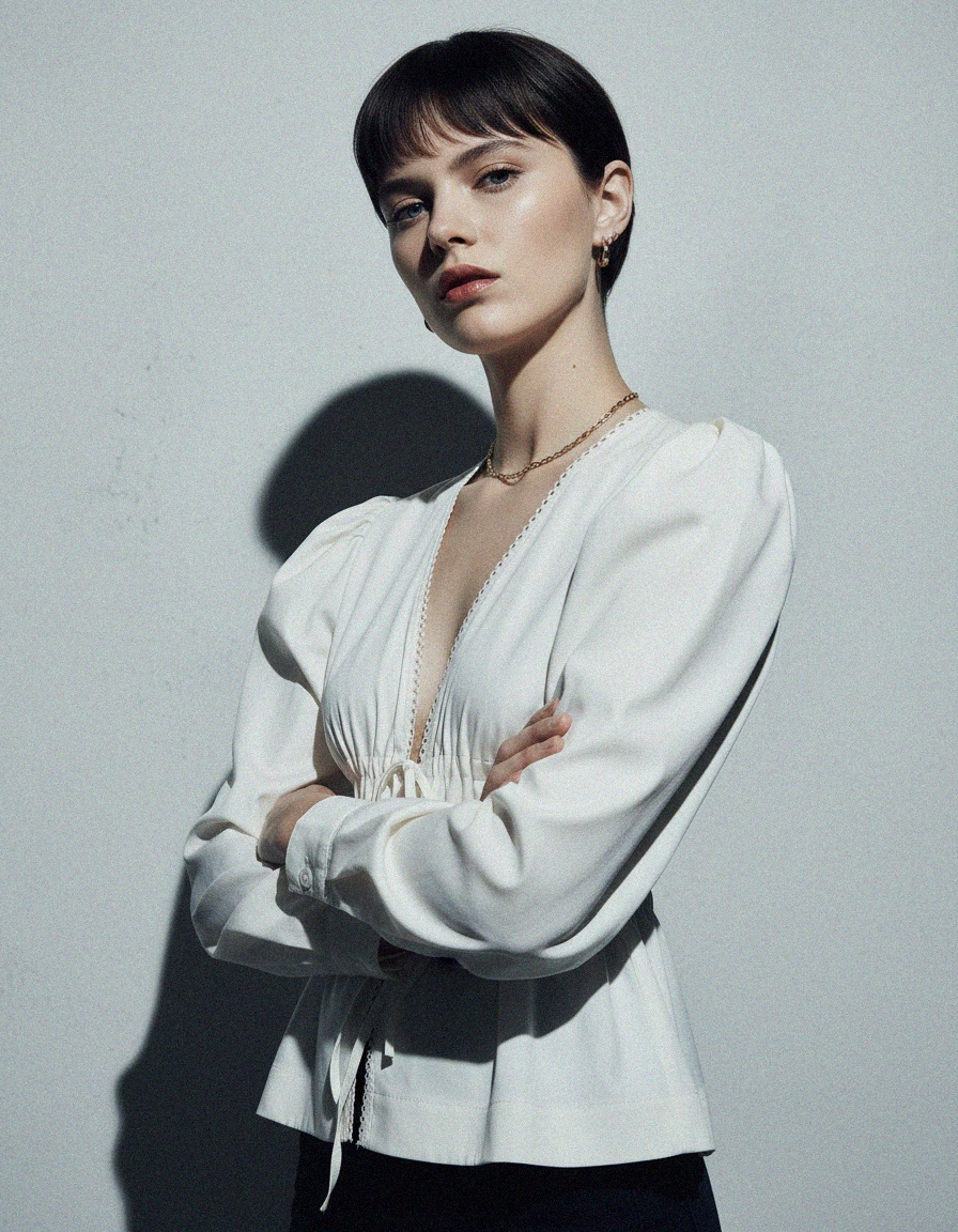 Biała bluzka z dekoltem w serek i wiązaniem z przodu oraz bufiastymi rękawami zdjęcie 3