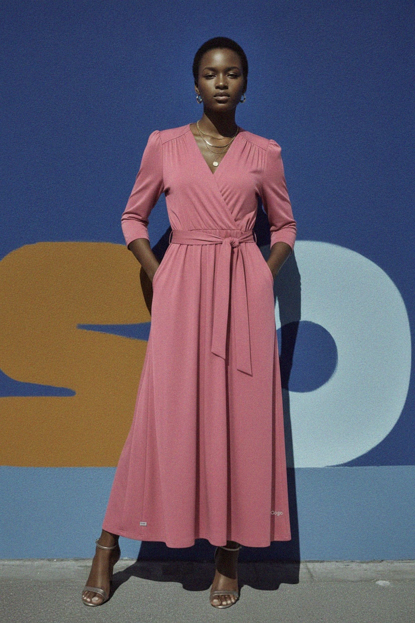 Elegancka różowa sukienka maxi z wiązaniem w talii i kieszeniami zdjęcie 2