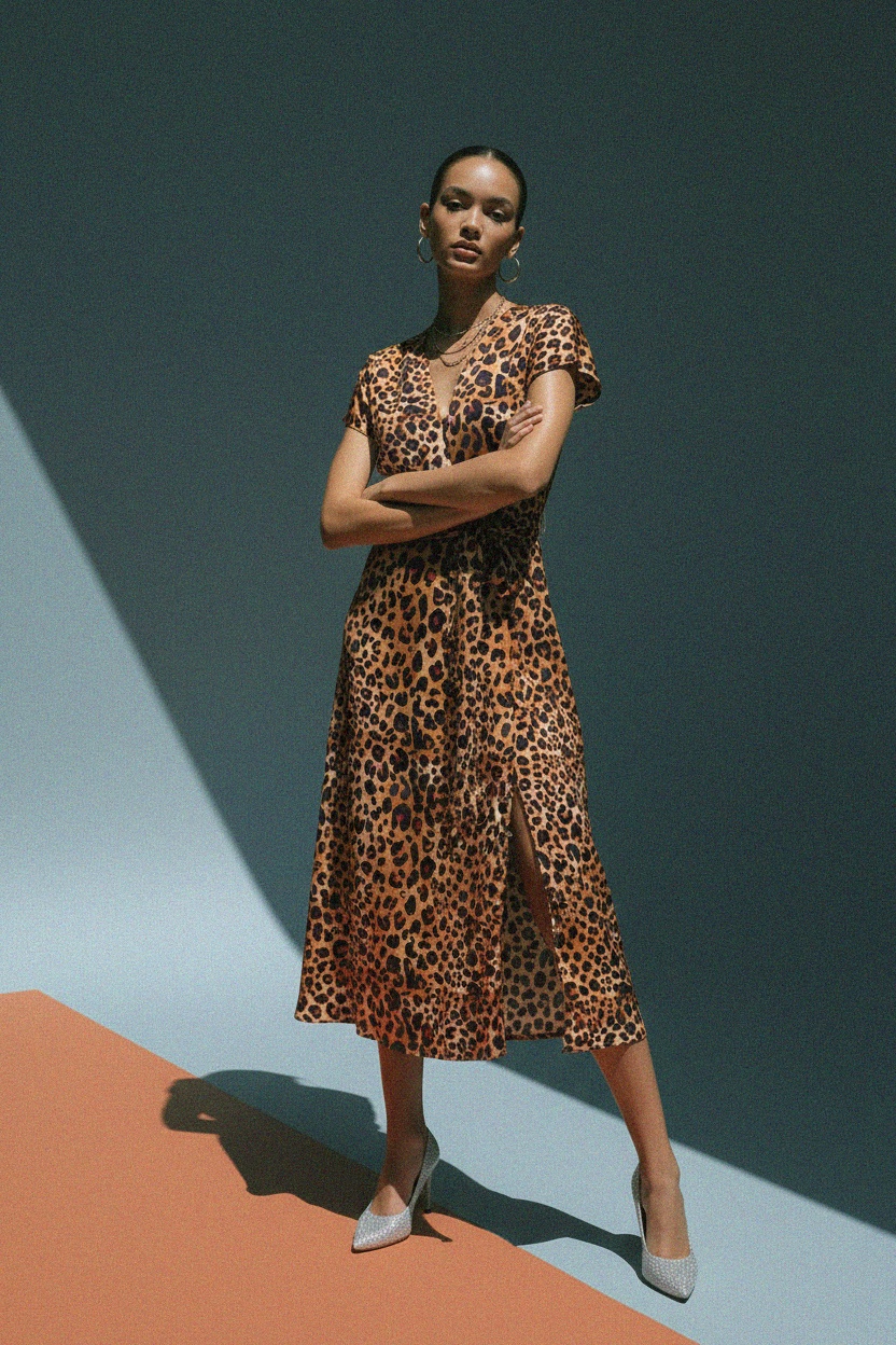 Sukienka midi z nadrukiem w panterkę, wiązaniem w talii i rozcięciem zdjęcie 3