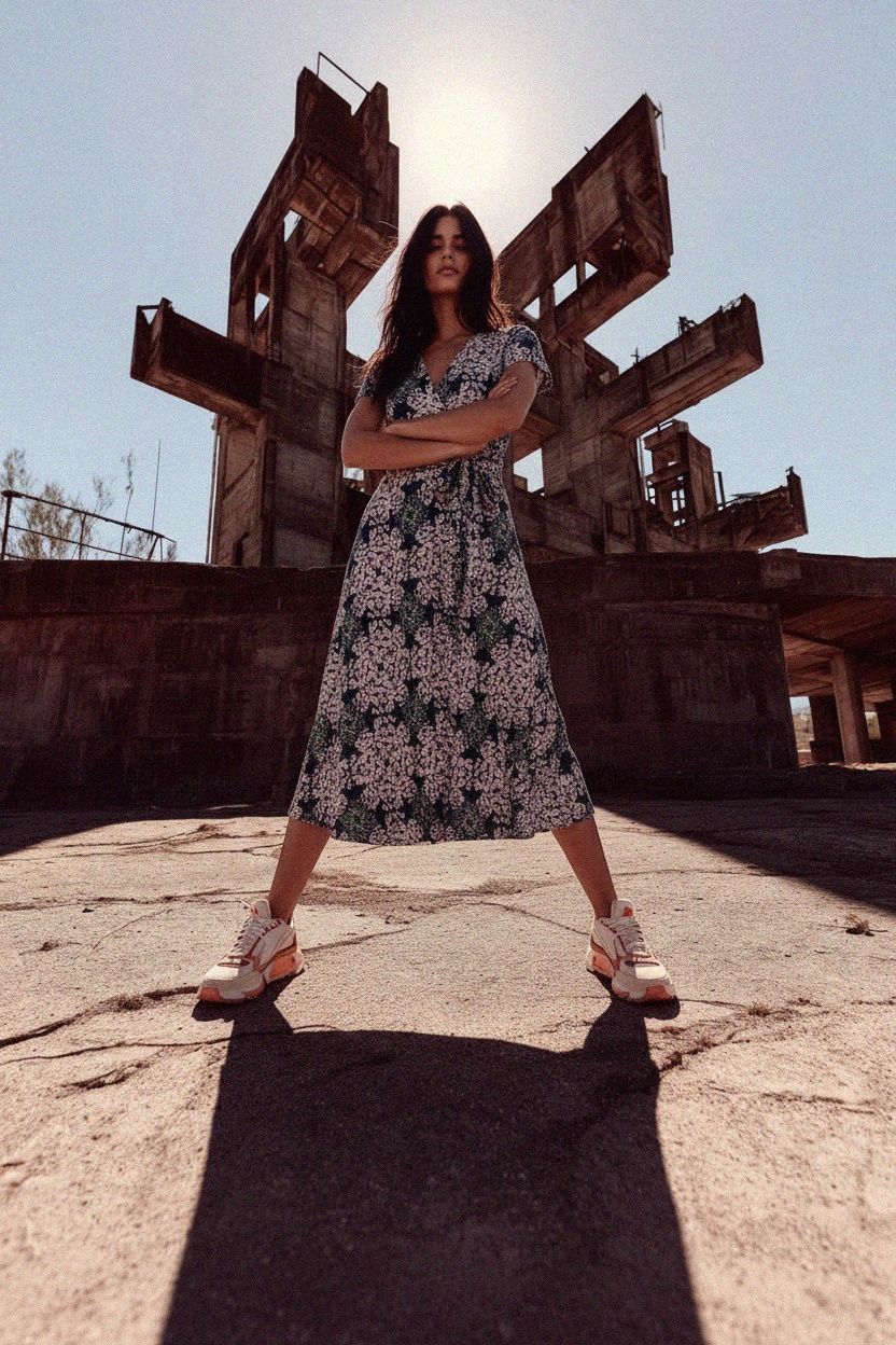 Granatowa sukienka midi w kwiaty z wiązaniem w talii i krótkimi rękawami zdjęcie 2