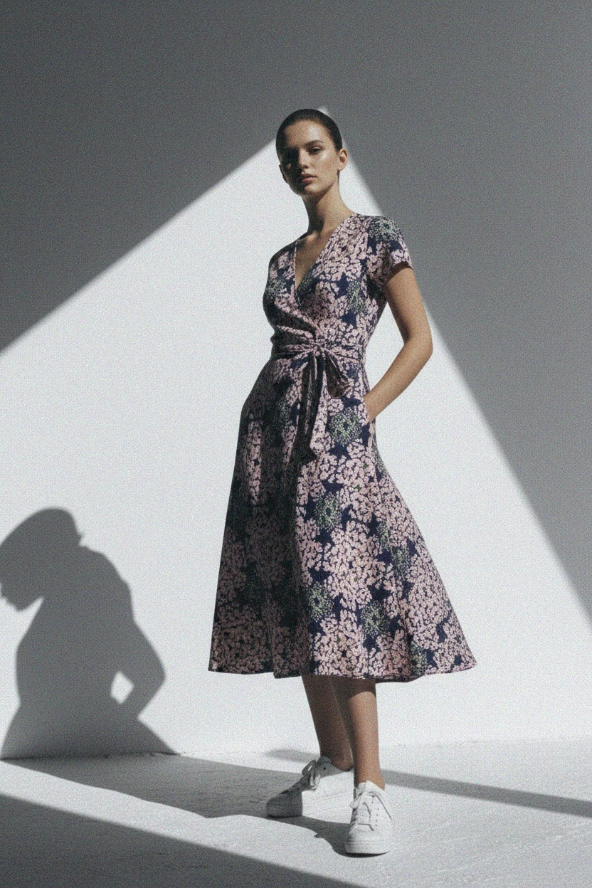 Granatowa sukienka midi w kwiaty z wiązaniem w talii i krótkimi rękawami zdjęcie 3