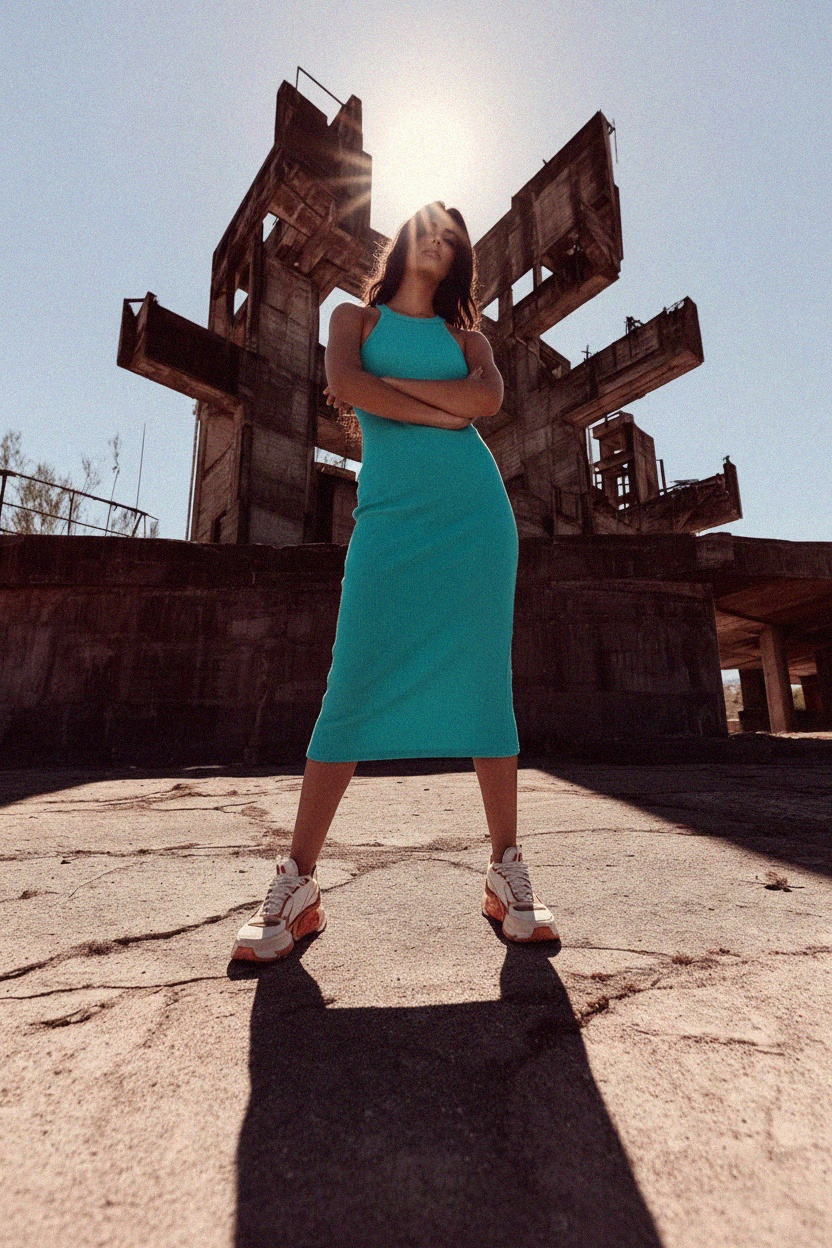 Sukienka midi z prążkowanym dekoltem typu halter w kolorze turkusowym zdjęcie 3