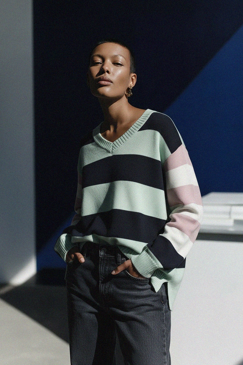 Striped V-Neck Knit Sweater with Relaxed Fit zdjęcie 3