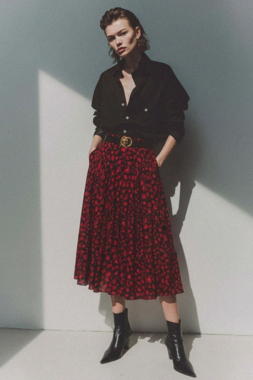 Jaskrawa czerwona wzorzysta spódnica midi zdjęcie 2