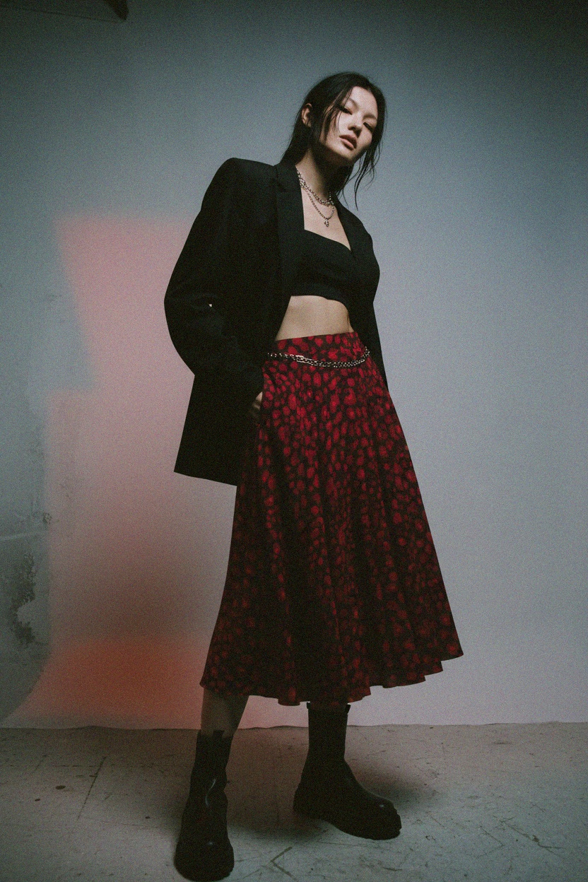 Jaskrawa czerwona wzorzysta spódnica midi zdjęcie 3