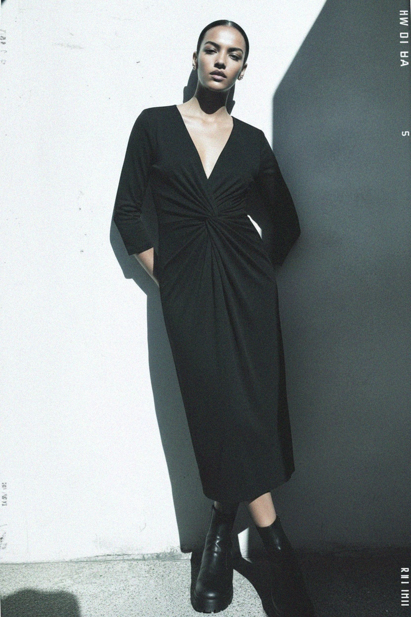 Elegancka czarna sukienka midi z dekoltem w serek i węzłem w talii zdjęcie 3