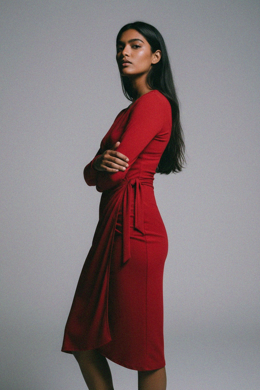 Elegancka czerwona sukienka midi z kopertowym dekoltem zdjęcie 3