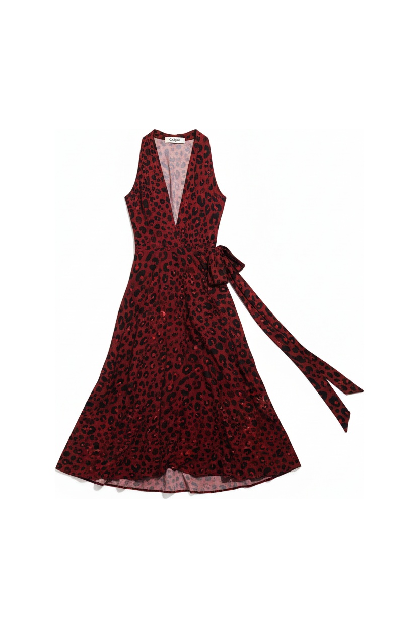 Czerwona sukienka midi z nadrukiem w panterkę zdjęcie 1