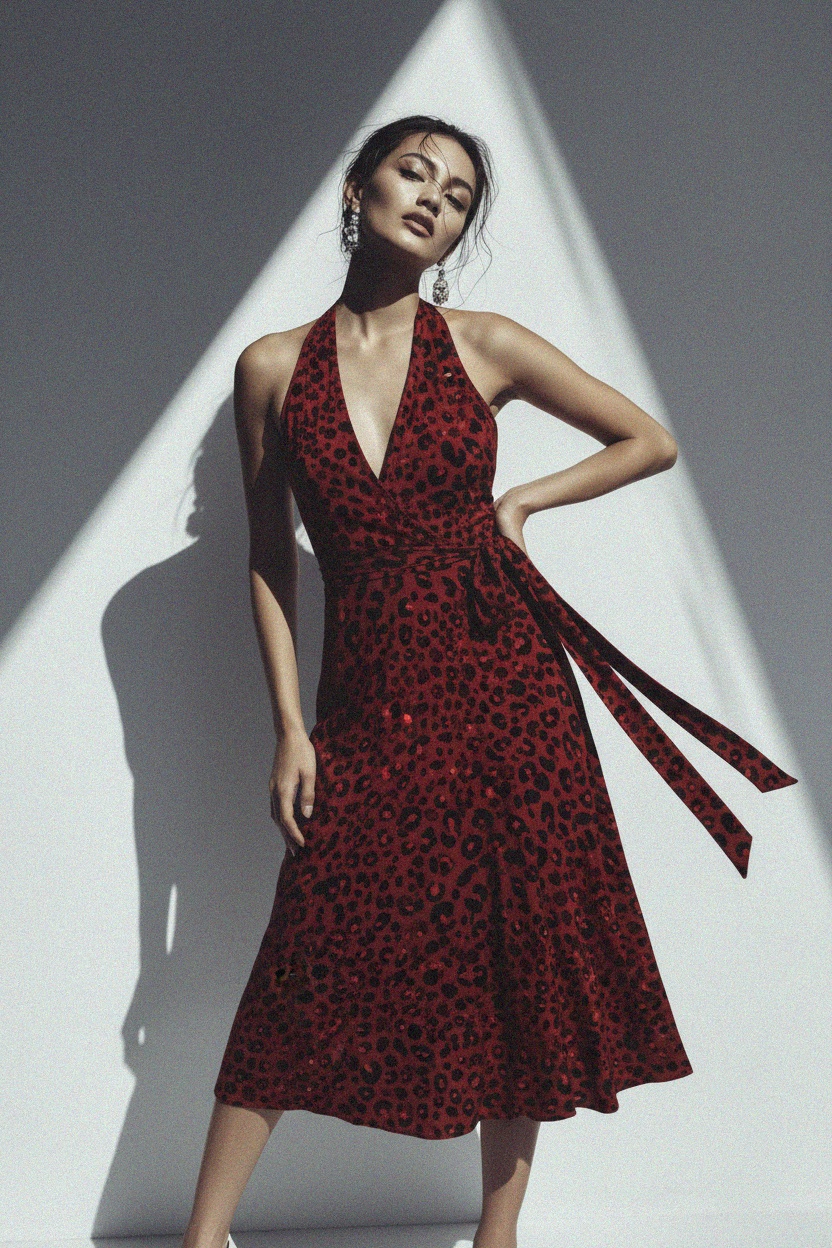 Czerwona sukienka midi z nadrukiem w panterkę zdjęcie 3