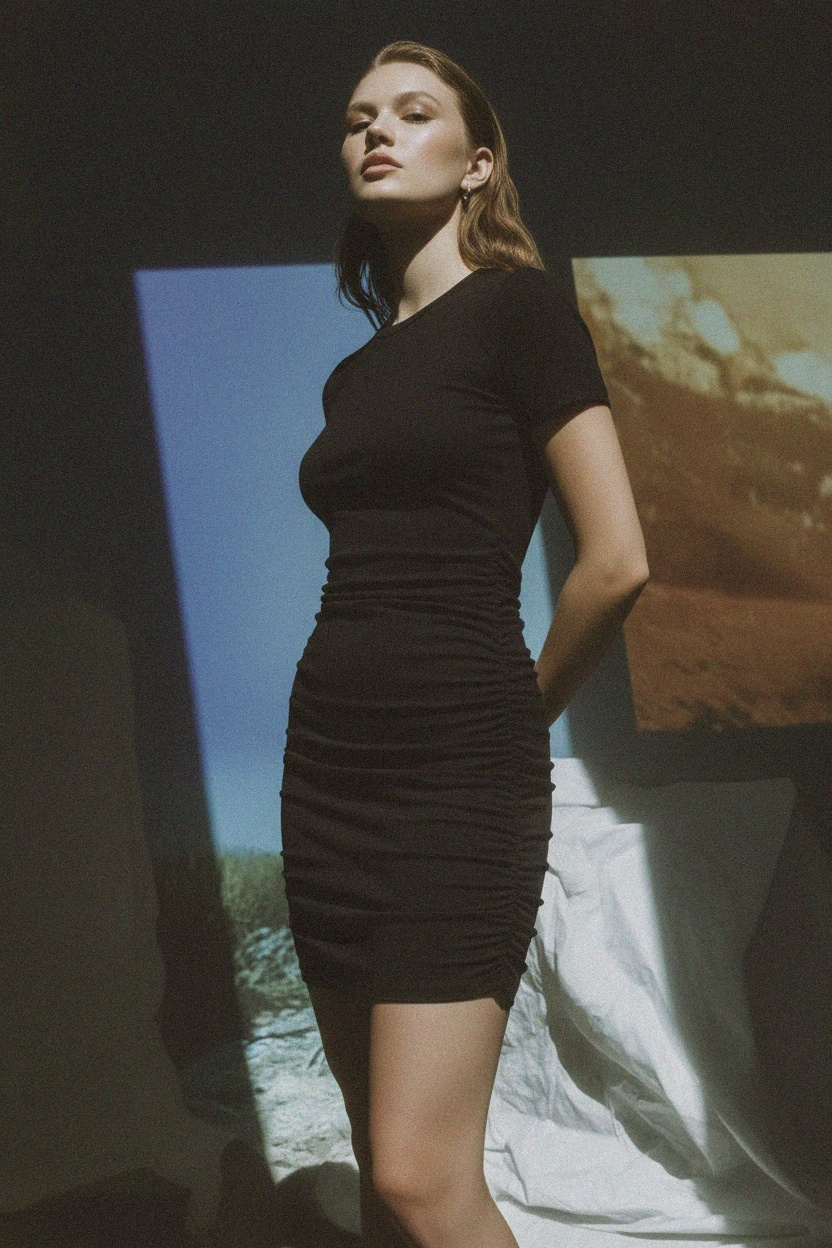 Elegancka czarna marszczona mini sukienka zdjęcie 2