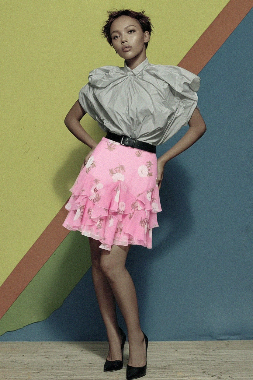 Pink Floral Tiered Ruffle Mini Skirt zdjęcie 3