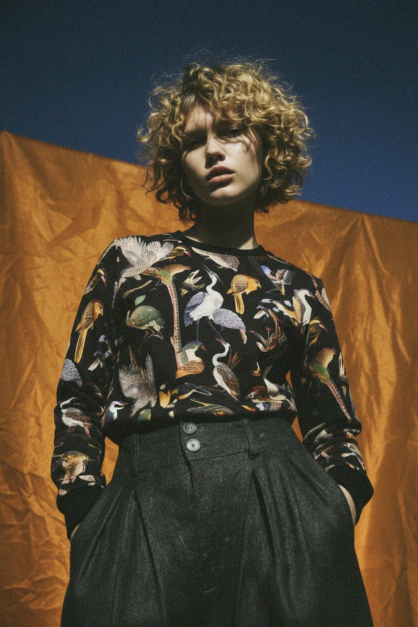 Bluza z nadrukiem w żywe ptaki w kolorze czarnym zdjęcie 2