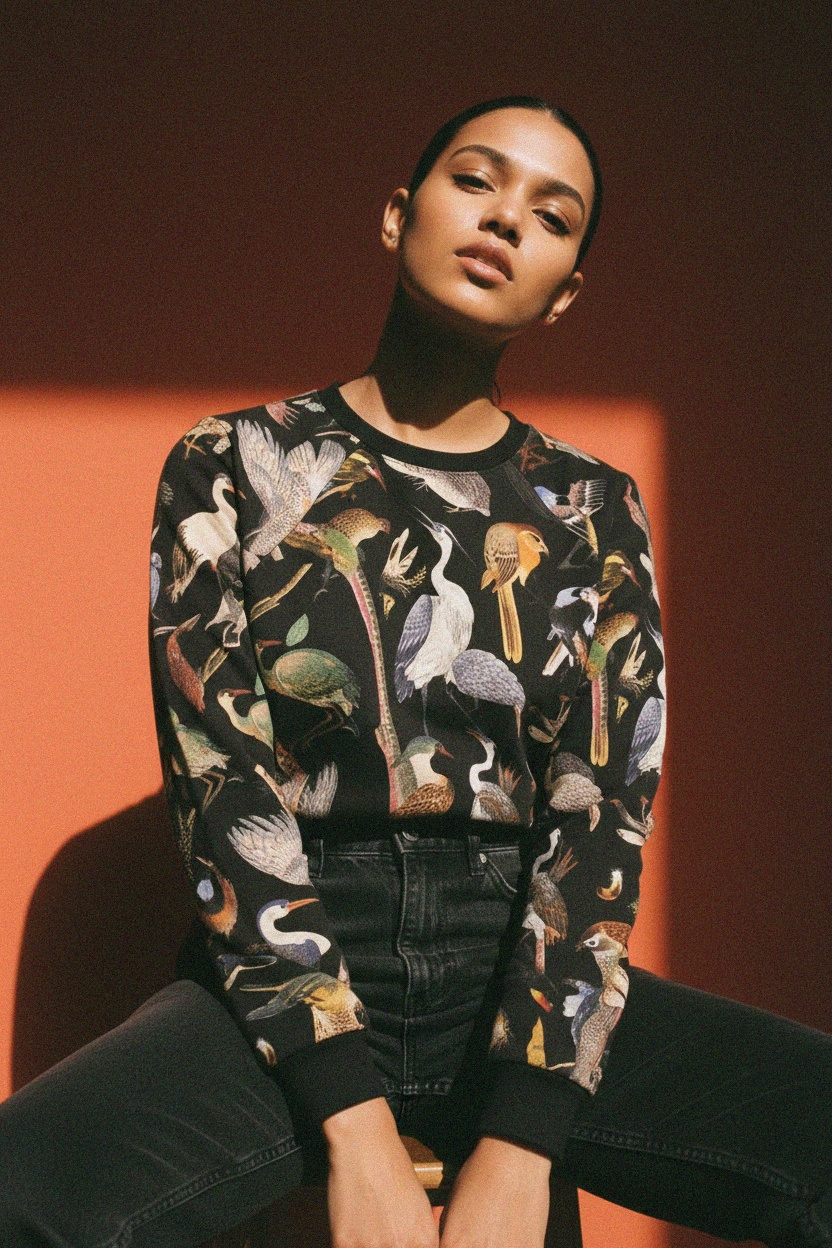 Bluza z nadrukiem w żywe ptaki w kolorze czarnym zdjęcie 3