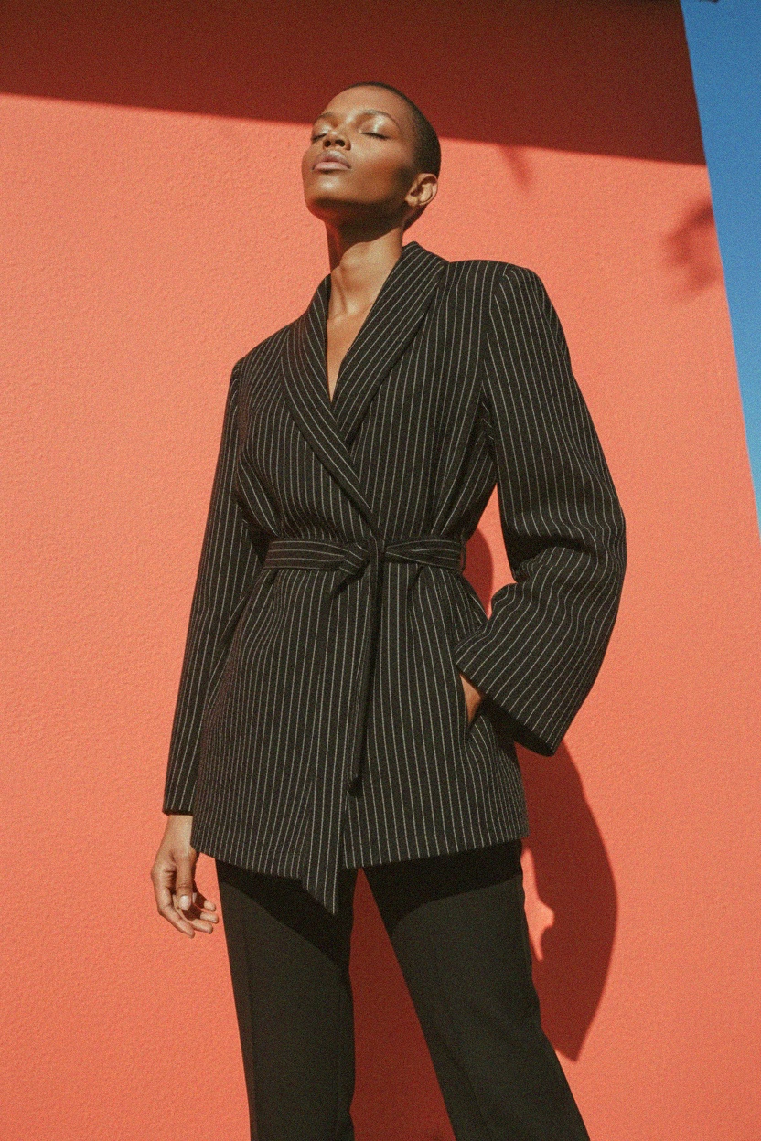 Marynarka z paskiem w prążki i kopertowym dekoltem zdjęcie 3