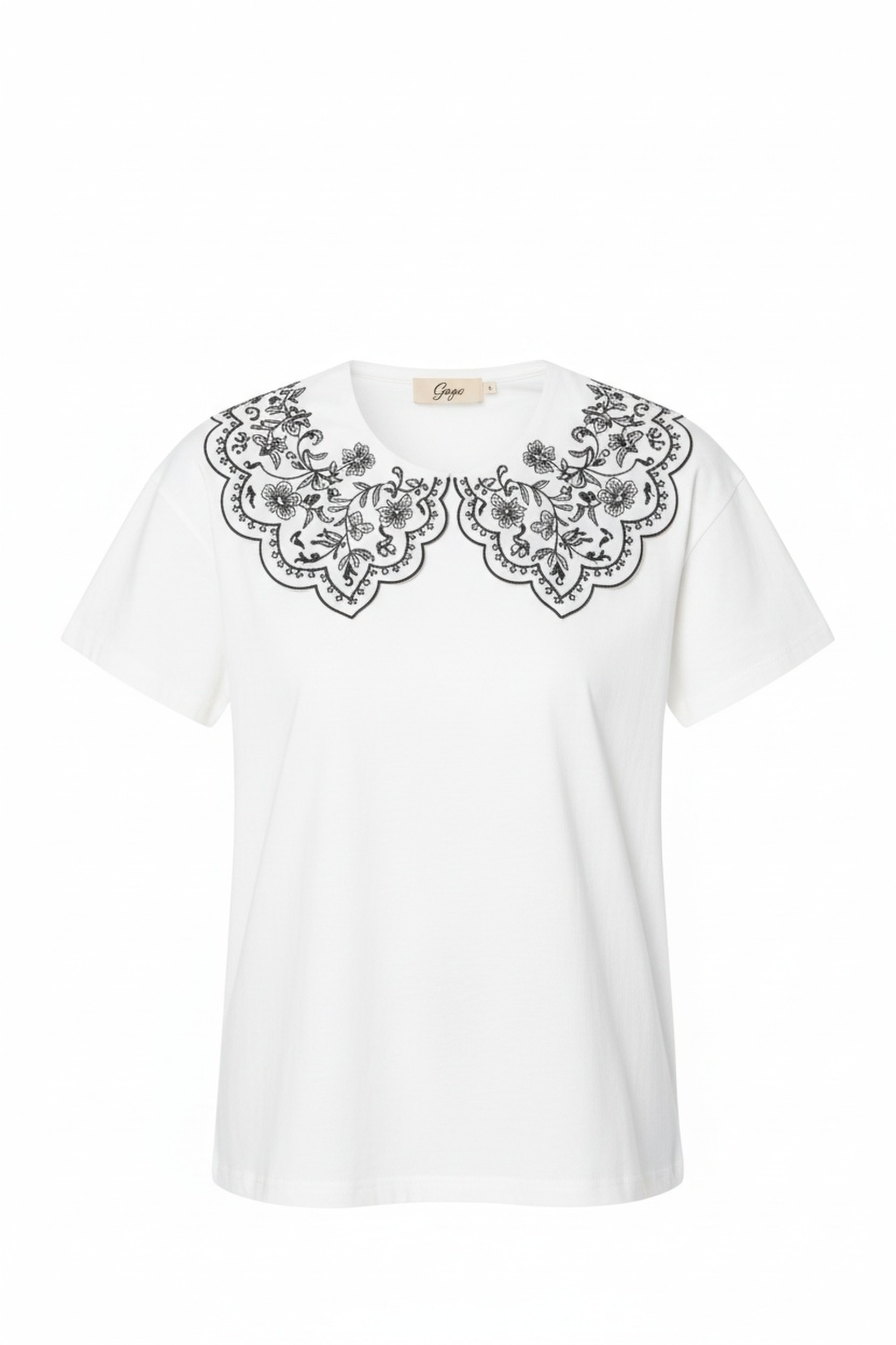 White Scalloped Collar T-shirt with Floral Embroidery zdjęcie 1