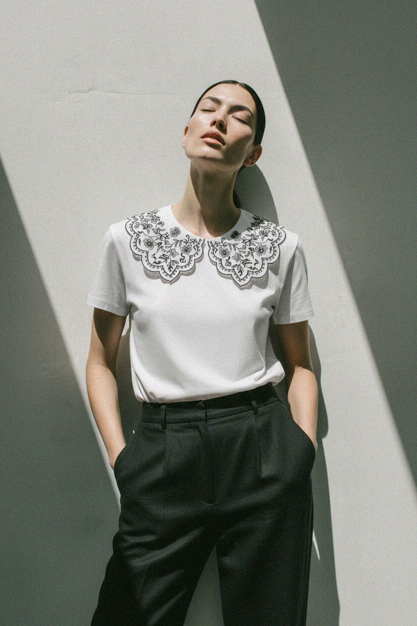 White Scalloped Collar T-shirt with Floral Embroidery zdjęcie 3