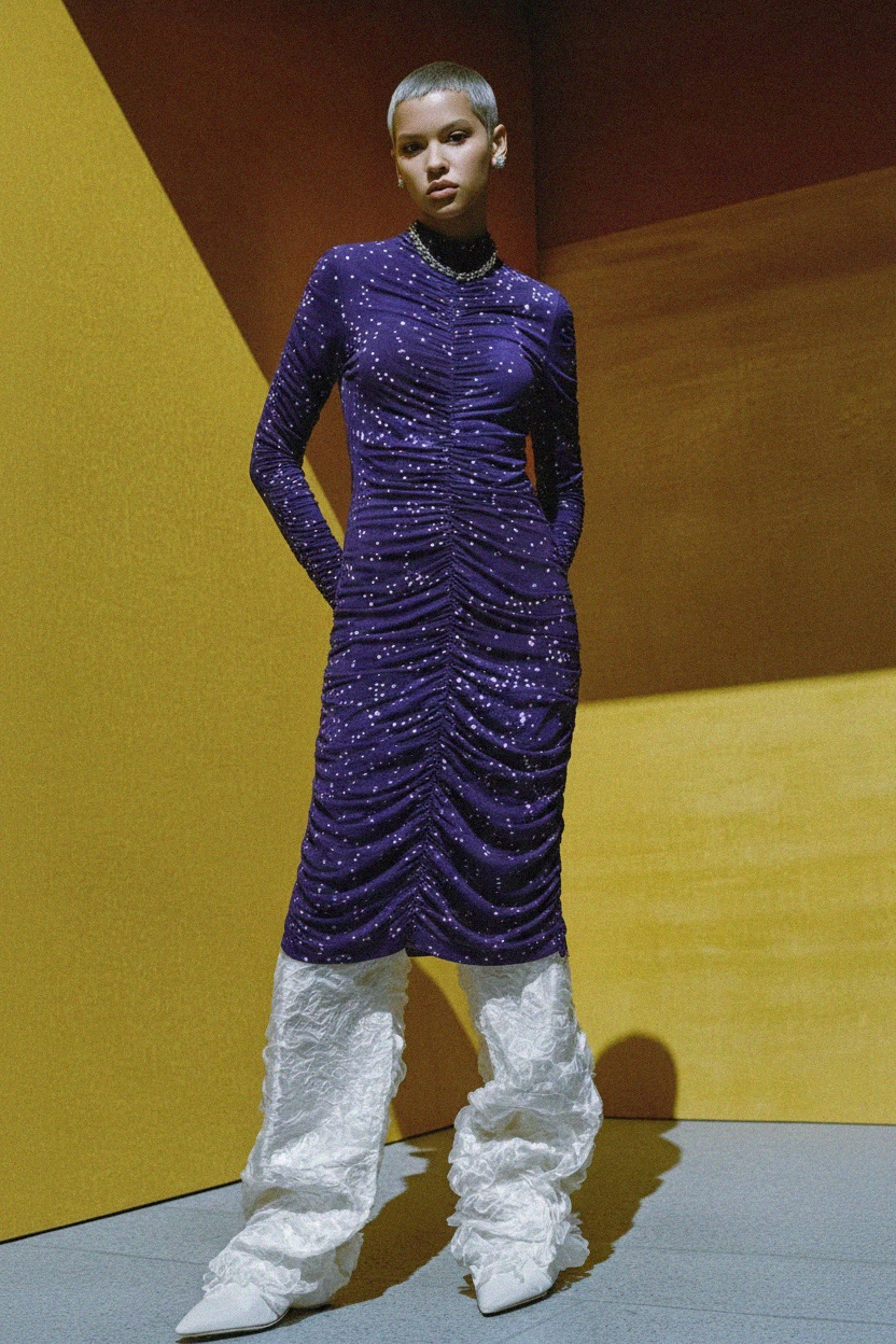 Fioletowa marszczona sukienka midi z nadrukiem w gwiazdy zdjęcie 3