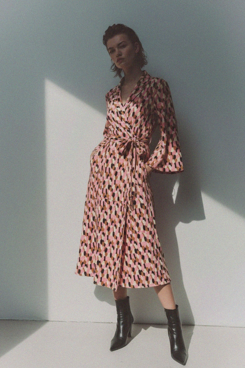 Sukienka midi z abstrakcyjnym nadrukiem i wiązaniem w talii zdjęcie 2