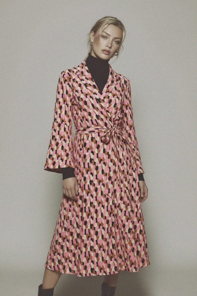 Sukienka midi z abstrakcyjnym nadrukiem i wiązaniem w talii zdjęcie 3