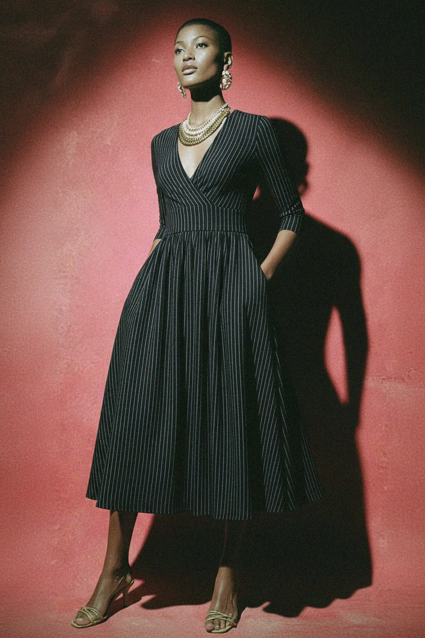 Sukienka midi w prążki z kopertowym dekoltem i rękawami 3/4 zdjęcie 2