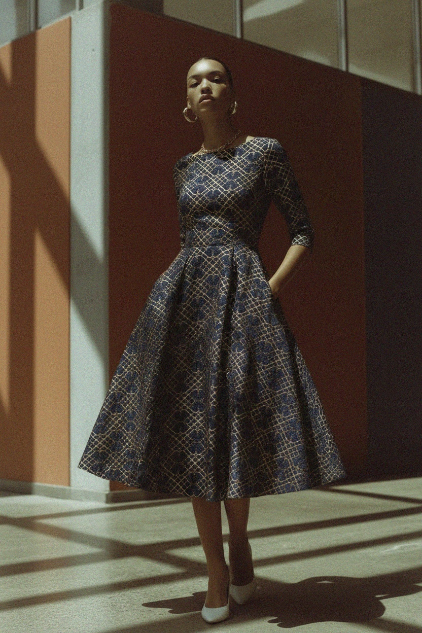 Sukienka midi ze złotym geometrycznym wzorem zdjęcie 3