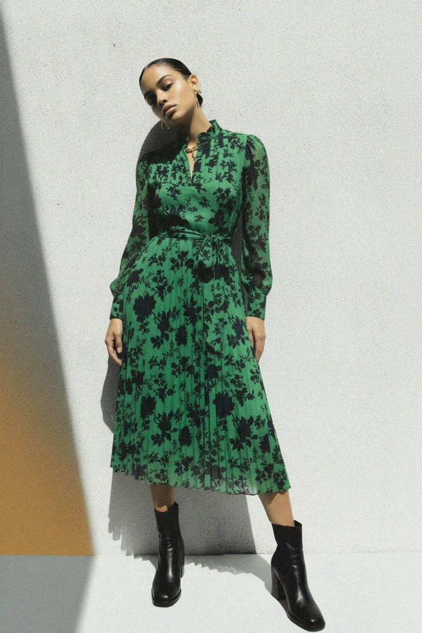 Green Floral Pleated Midi Dress zdjęcie 3