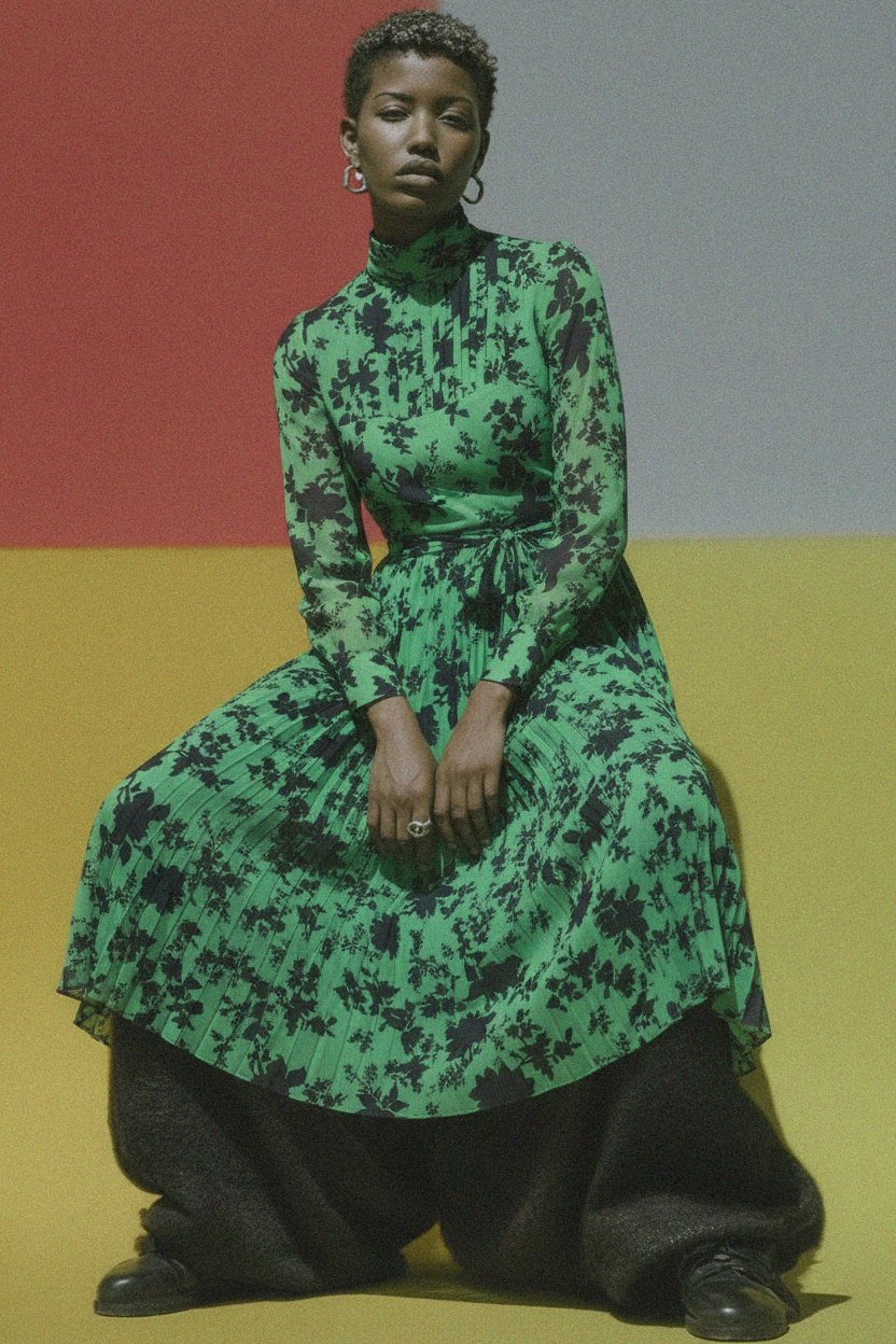 Green Floral Pleated Midi Dress zdjęcie 4