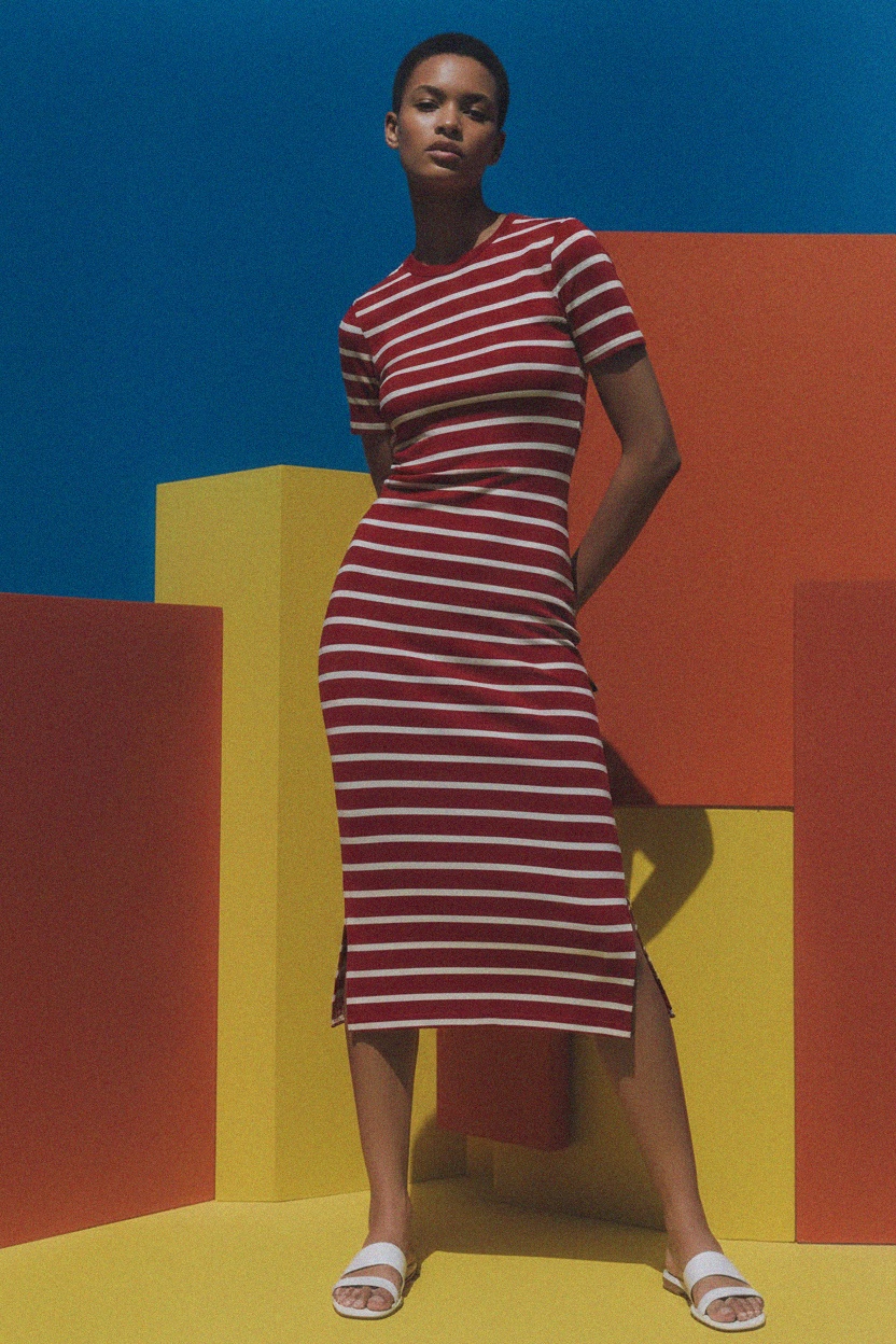 Sukienka midi w czerwono-białe paski zdjęcie 3