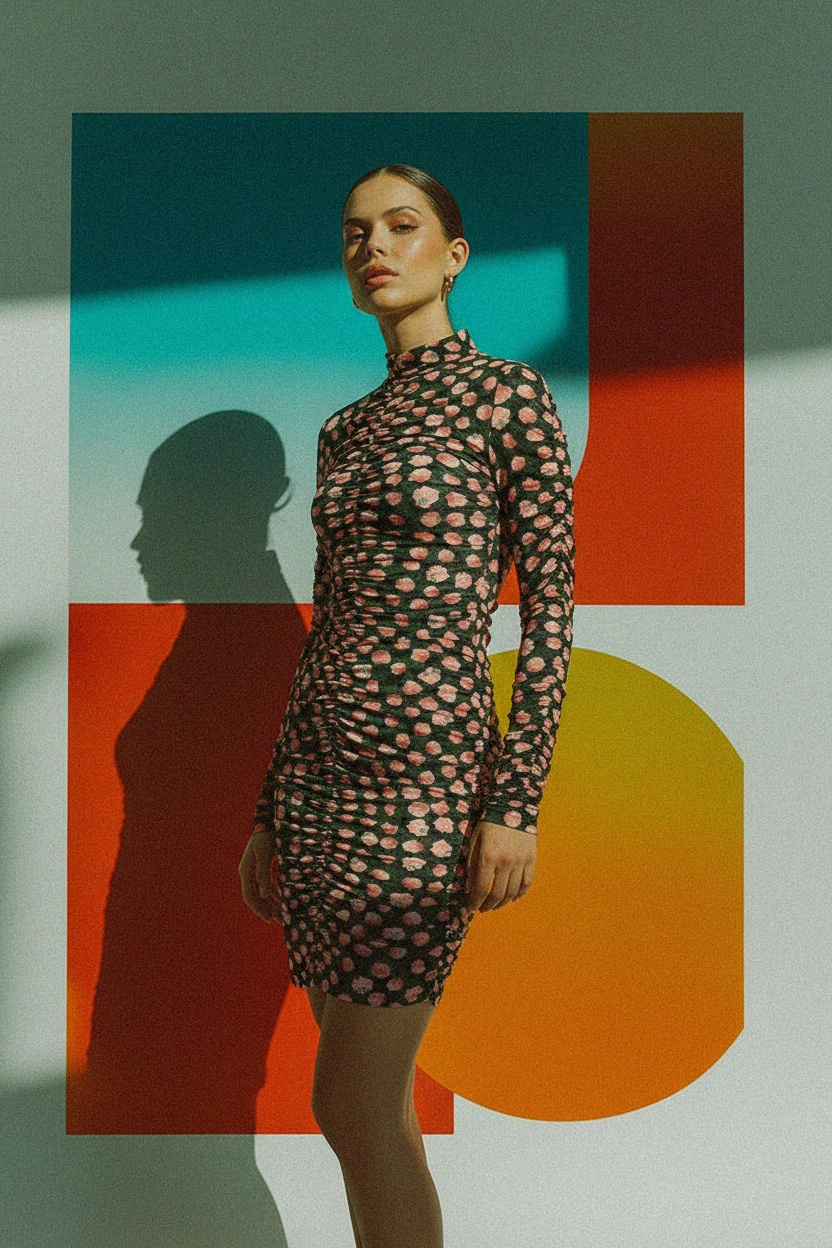 Zielona sukienka mini z marszczeniami i wysokim dekoltem w kwiaty zdjęcie 2