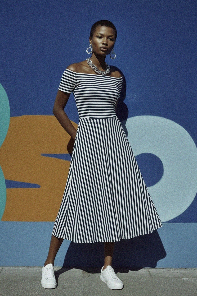 Granatowo-biała sukienka midi w paski z odkrytymi ramionami zdjęcie 3