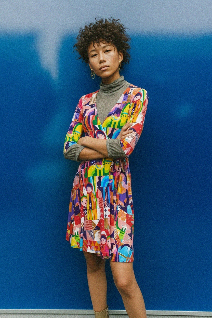 Sukienka mini z kopertowym dekoltem w żywym wzorze zdjęcie 3