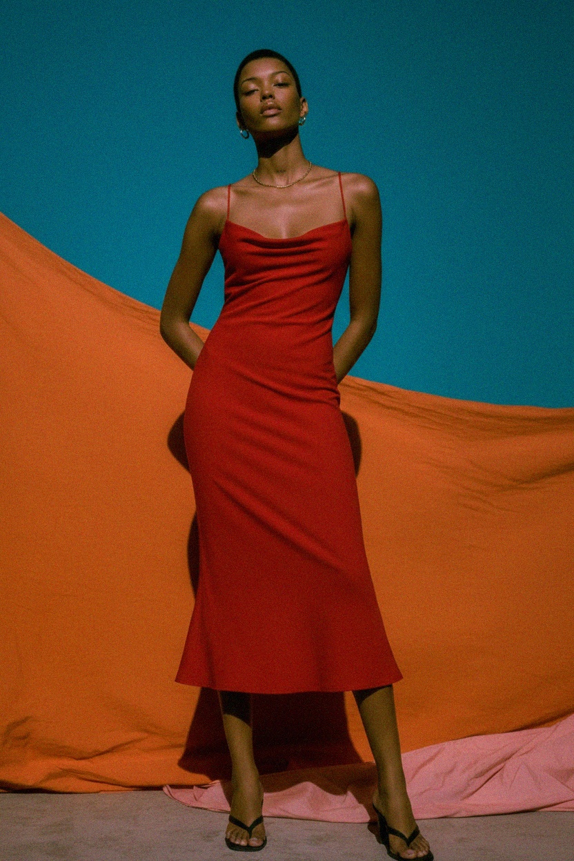 Czerwona dopasowana sukienka midi z dekoltem typu lej i rozkloszowanym dołem zdjęcie 3