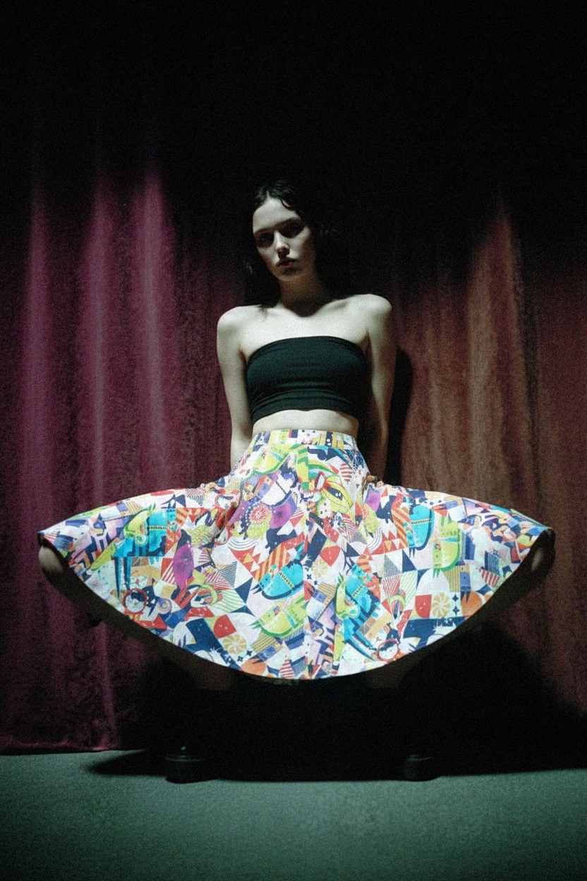 Żywa, wielokolorowa spódnica midi z abstrakcyjnym nadrukiem zdjęcie 3