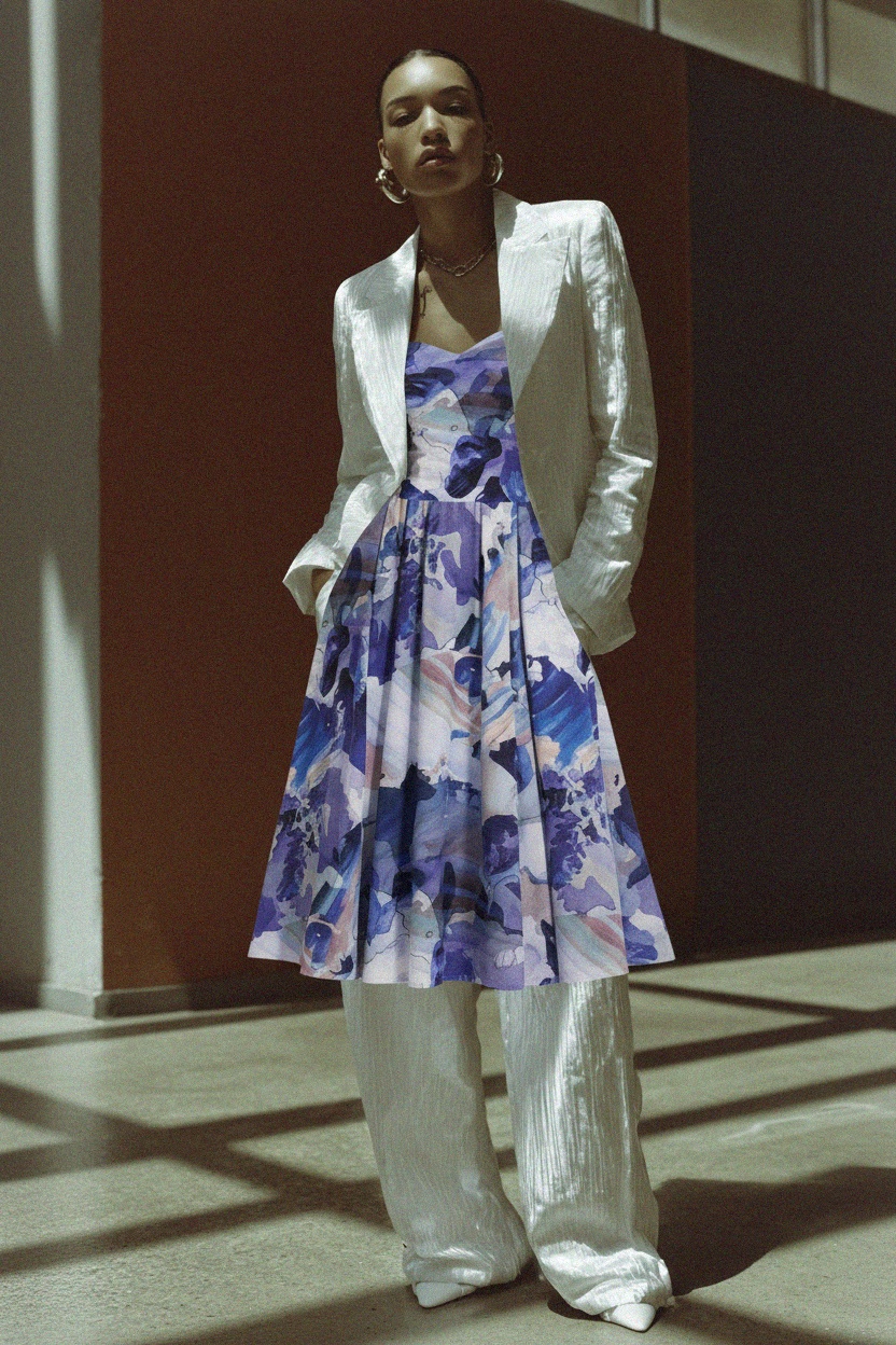 Sukienka midi z abstrakcyjnym nadrukiem akwarelowym zdjęcie 3