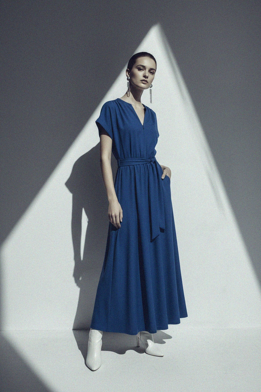 Elegancka niebieska sukienka maxi z wiązaniem w talii zdjęcie 3