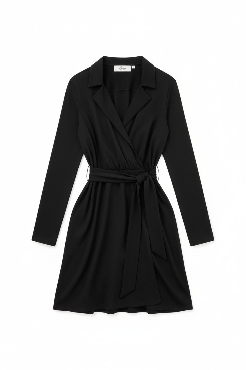 Elegancka czarna mini sukienka z wiązaniem w talii zdjęcie 1