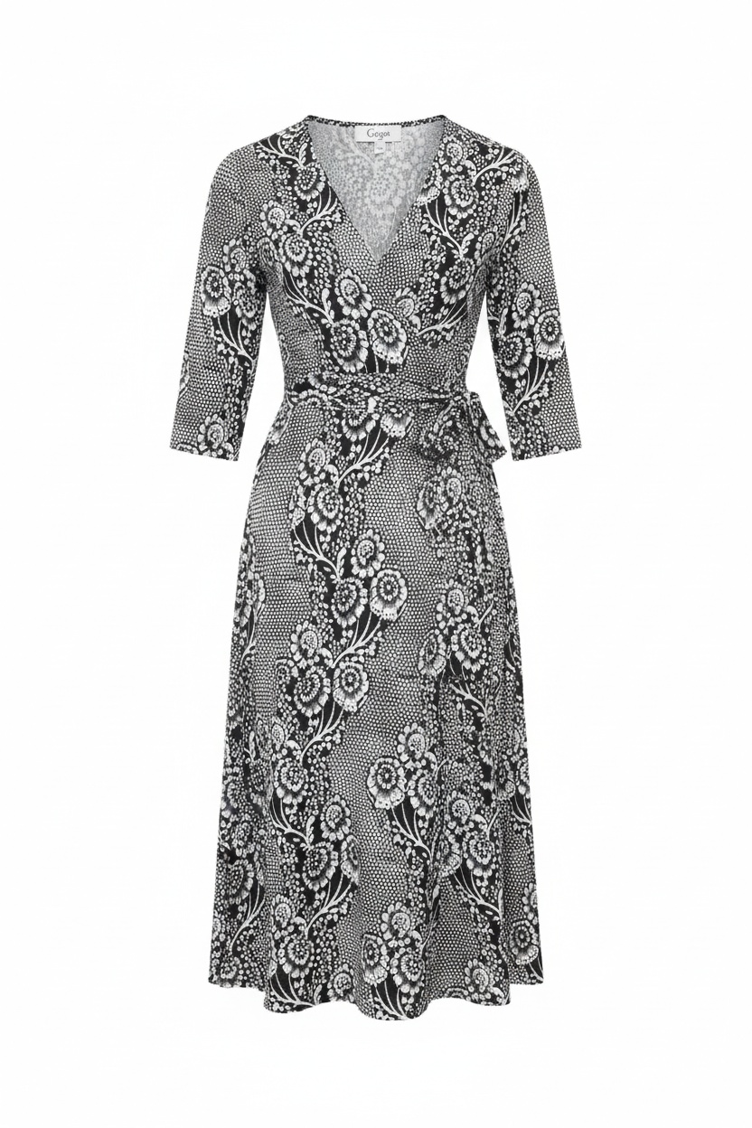 Czarno-biała sukienka midi z kwiatowym nadrukiem zdjęcie 1