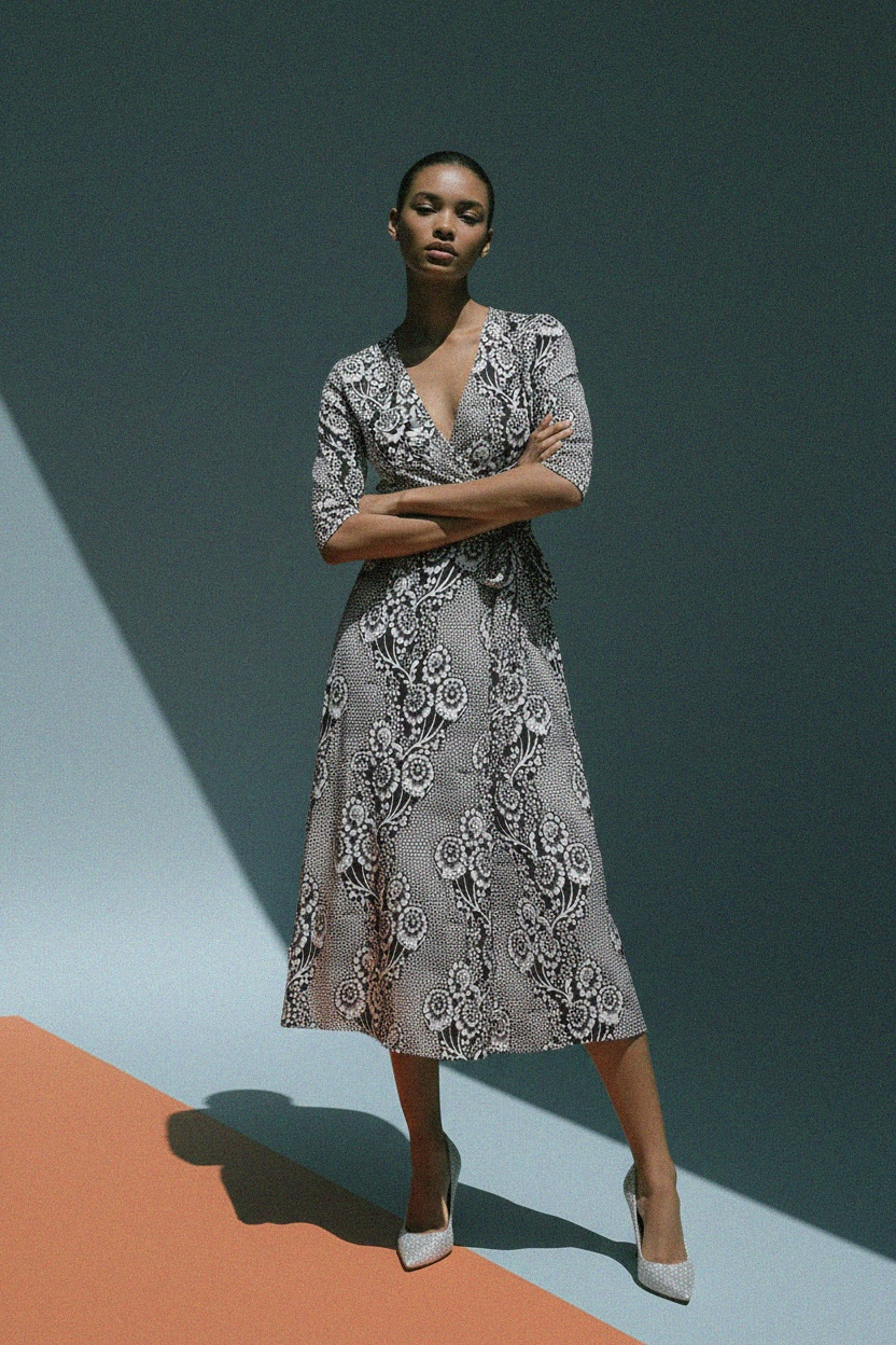 Czarno-biała sukienka midi z kwiatowym nadrukiem zdjęcie 2